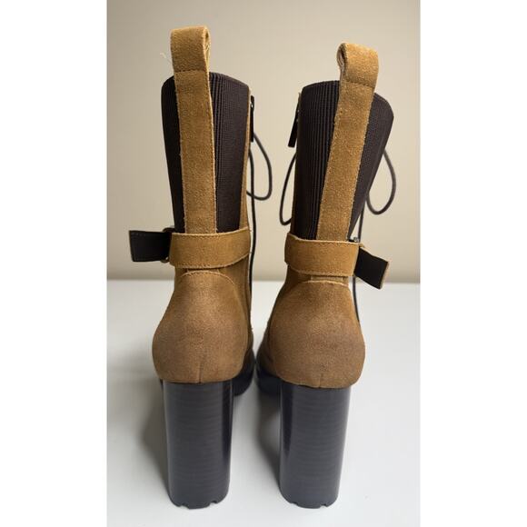 Charles David Gimmick Heeled Combat Boot Womens 10M Wheat Nubuck Leather Zip - Picture 4 of 11